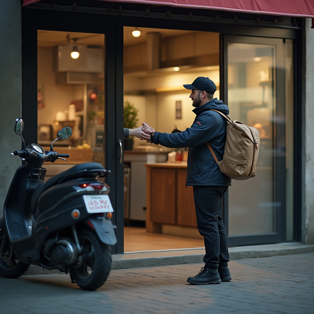 Repartidor en moto retirando un pedido de delivery en la entrada de una cocina comercial